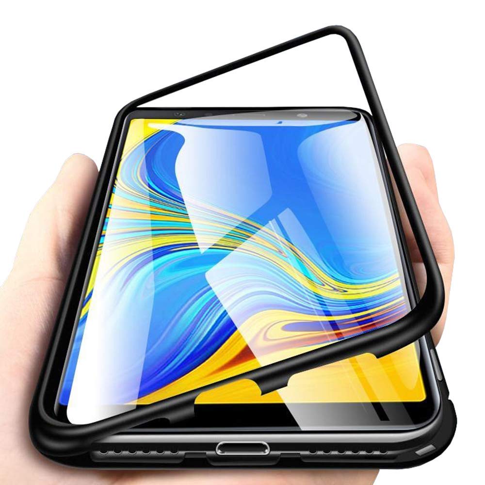 Case for Samsung Galaxy A9 2018 Magnetic Adsorption Tech Cover, Ultra Thin Metal Aluminum Bumber Tempered Glass Back Cover 360 Full Body Shockproof Protect Case A9 - Black