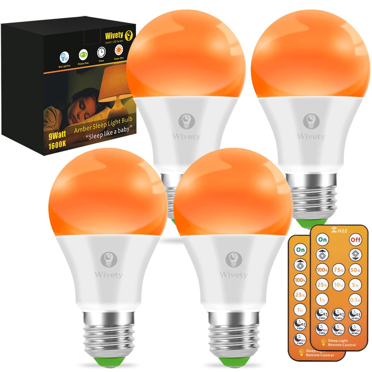 Sleep Light Bulbs Amber 1600K with Remote Control, Blue Light Blocking A19, 9W for Sleep Therapy, Baby Nursery, Bedroom (4 Packs)