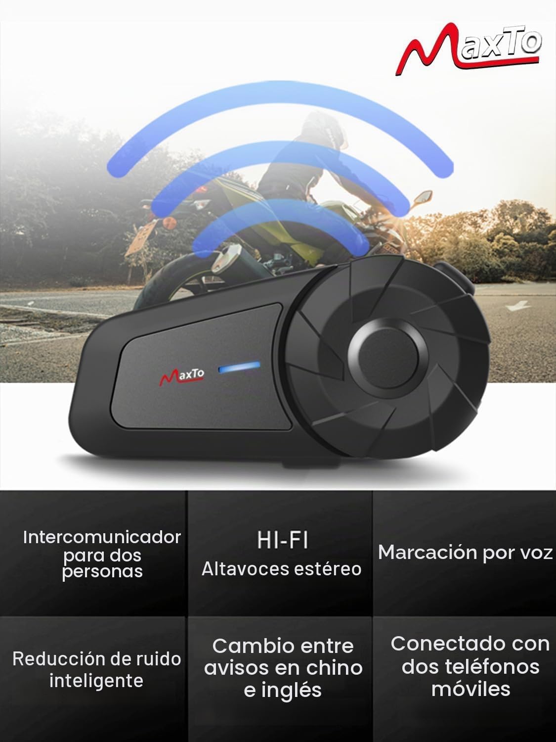 Auriculares Bluetooth para motocicleta, MX1 2-Riders 800 m, sistemas de comunicación de intercomunicación universales, sonido estéreo HiFi/IPX6 impermeable/control de música de llamadas, altavoz de