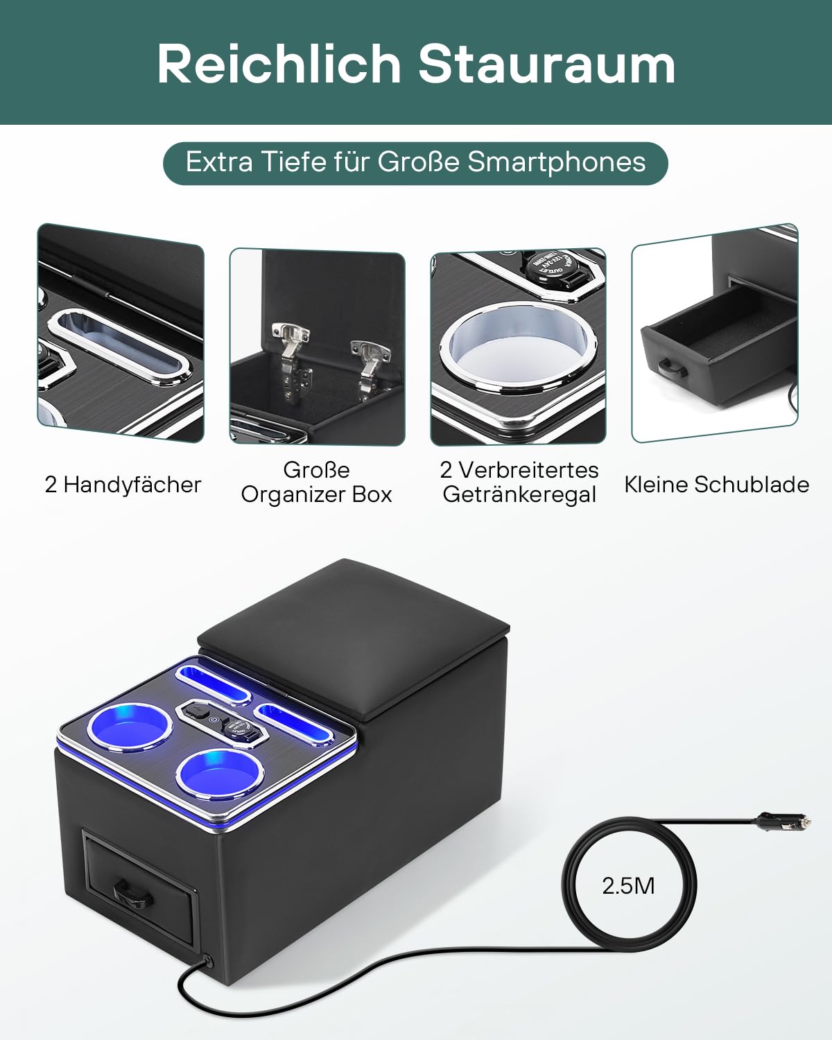 Mittelkonsole Auto mit Ablagen Staufach, Upgrade Mittelkonsole Organizer Auto mit 7 Farben LED-Leuchten und USB, Universal Mittelkonsole Auto Rückbank & Beifahrersitz für Bus,LKW,Van,SUV,Auto