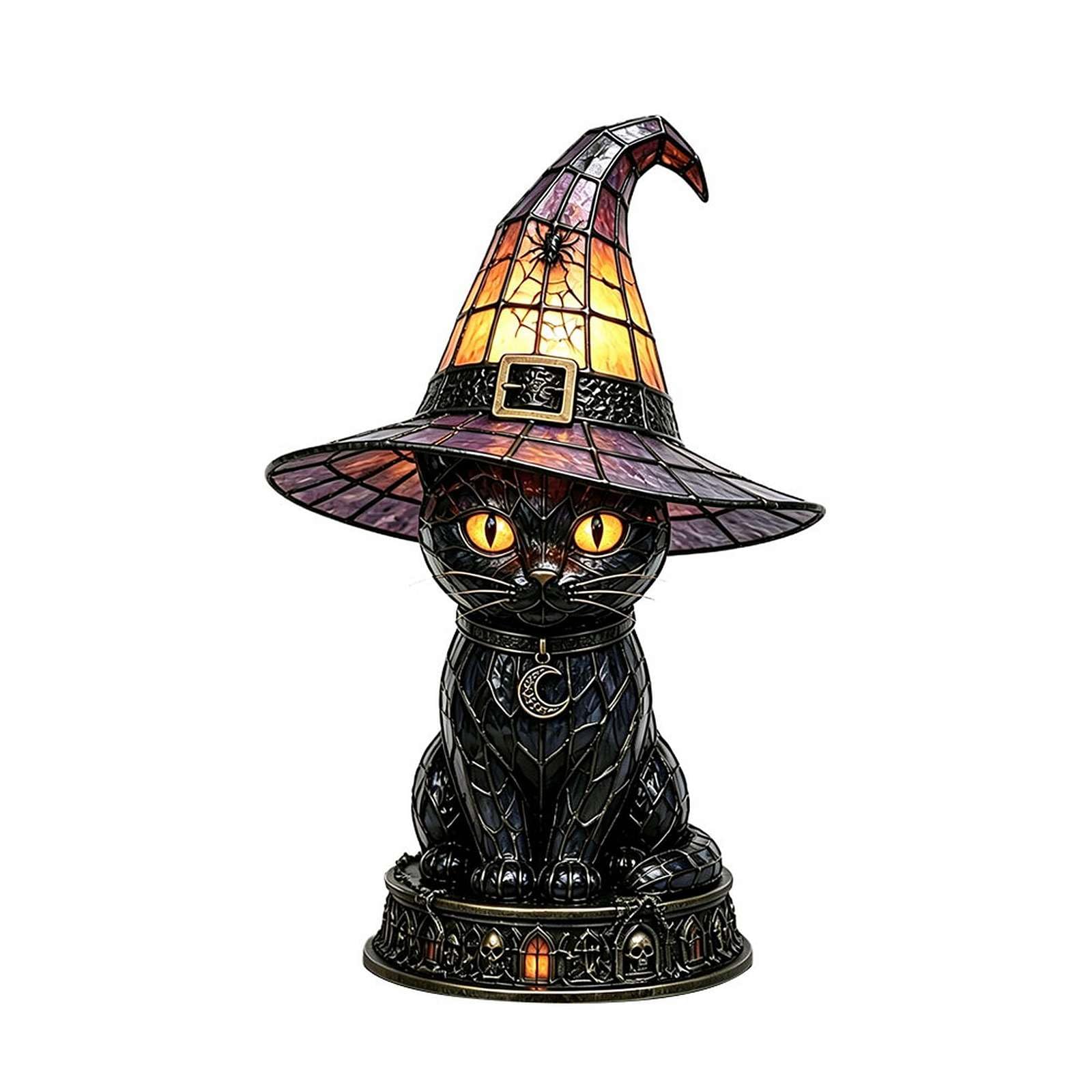 Black Cats Witch Hat Table Lamp, Stained Glass Style Witch Cat Night Light