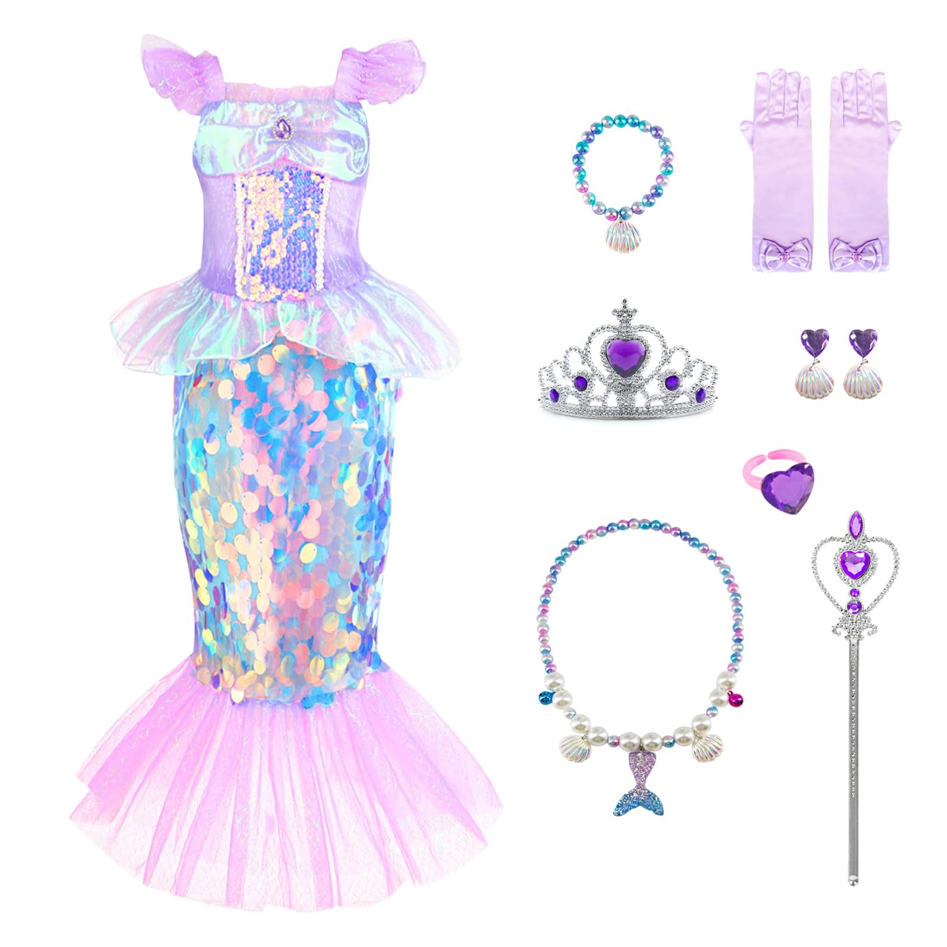FancysetMermaid Costume Princess Mermaid Tail Dress Fancy Dress Up Cosplay Halloween Party Carnival Outfit with Accessories
