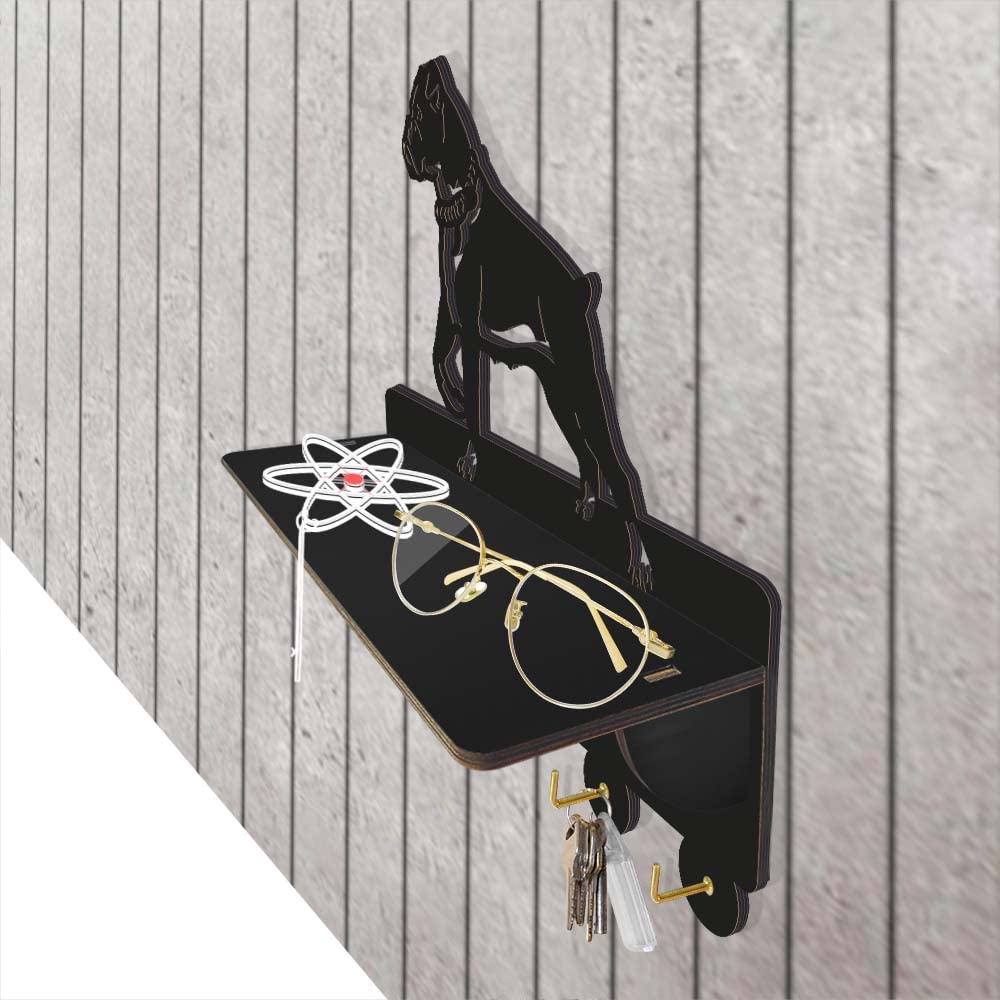 The Geeky Days Key Holder for Wall, Boxer Dog Wooden Wall Mounted Hat Coat Rack with Mail Medal Organizer Shelf, 5 Metal Hooks Hanger, for Closet Door Hanging for Puppy Lover Gift