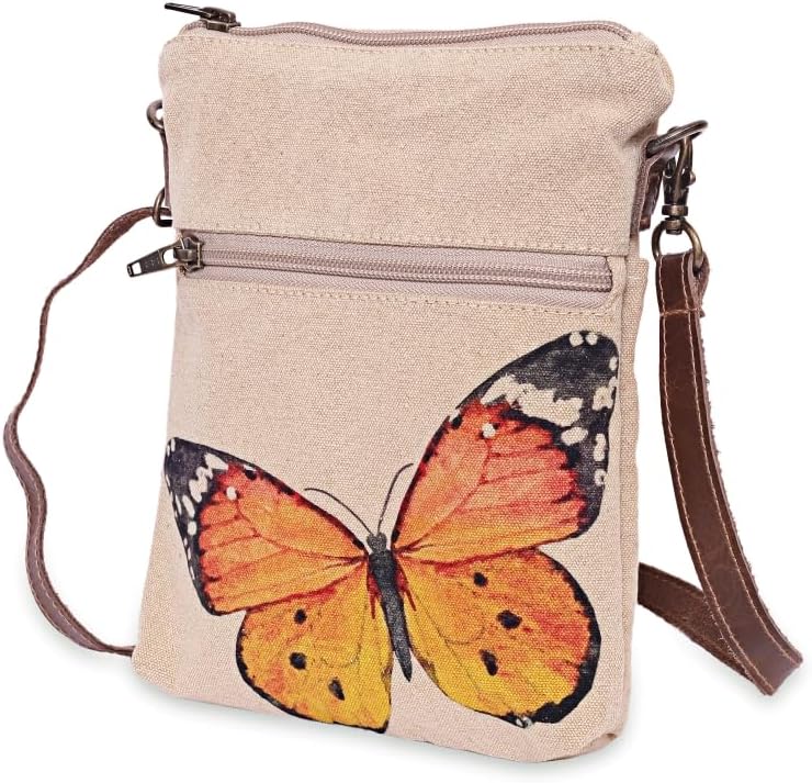 COTT N CURLS Monarch Butterfly Slim Sling Bag for Women - 34x7.5 Butterfly Purses for Women, Colorful Print, Canvas and Leather, Spring Purses, Spring Gifts for Mom, Sister, Friend, Grandma