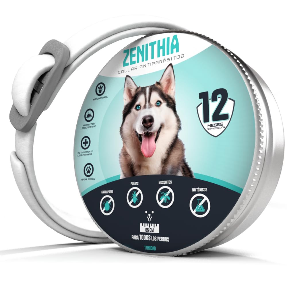 Zenithia ® Collar Repelente de Insectos, Collar Antiparasitario contra Pulgas, Garrapatas y Mosquitos, 12 Meses Protección-65cm-Ajustable a Todos tamaños-100% Natural-Impermeable-1 unid (1 Unidad)