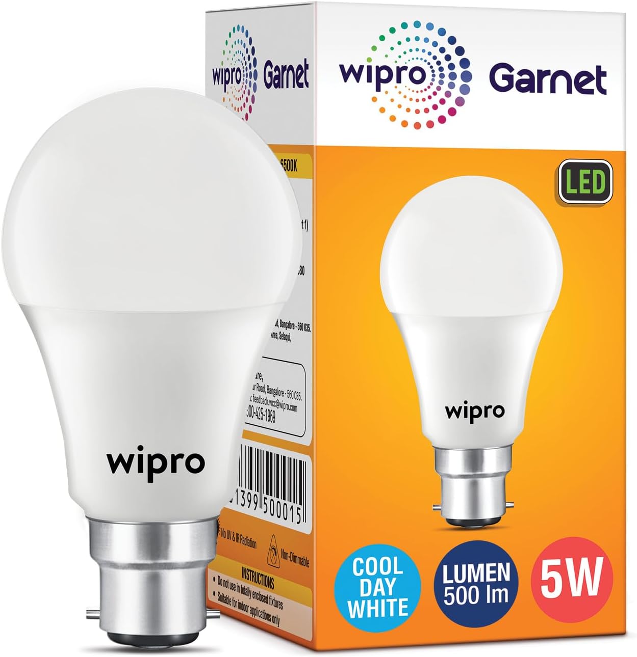 wipro Garnet 5W LED Bulb for Home & Office |Cool Day White (6500K) | B22 Base|220 Degree Light Coverage |4Kv Surge Protection |400V High Voltage Protection |Energy Efficient | Pack of 1