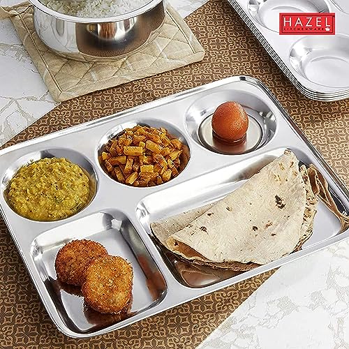 Image of HAZEL Stainless Steel Compartment Mess Plate | Steel Rectangle Bhojan Thali with Round Holes, Set of 6
