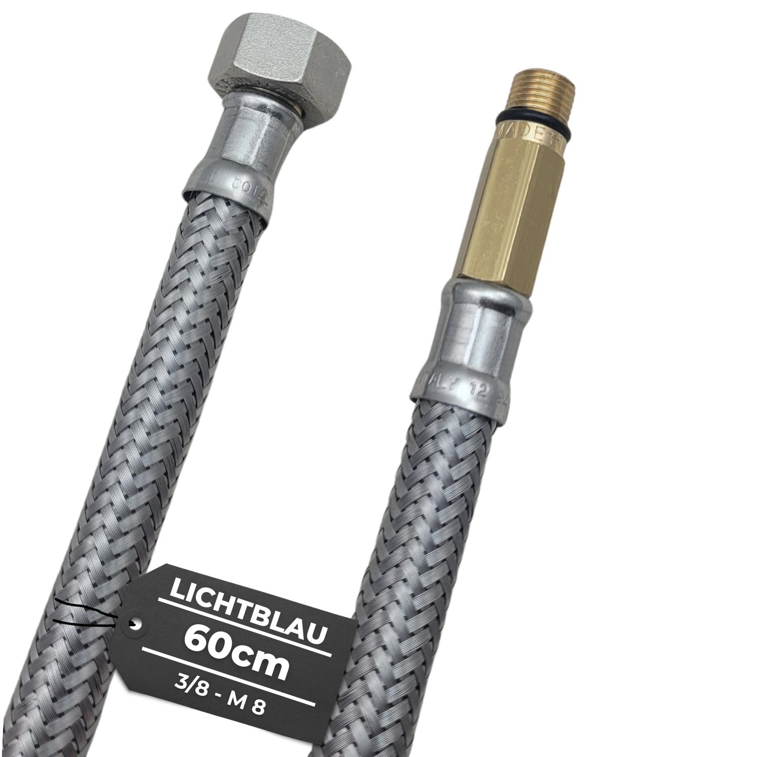 LICHTBLAU Manguera de acero inoxidable resistente a dobleces, 60 cm, 3/8 pulgadas a M8 de largo, adecuada para agua potable, válvula angular, manguera blindada, grifo de cocina | Manguera flexible de acero inoxidable para agua potable, resistente a doblec