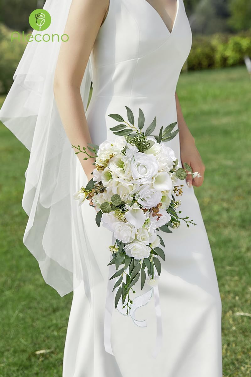Alecono Wedding Bouquets for Bride, 8in Artificial White Bridal Bouquets for Wedding Ceremony and Anniversary Decor
