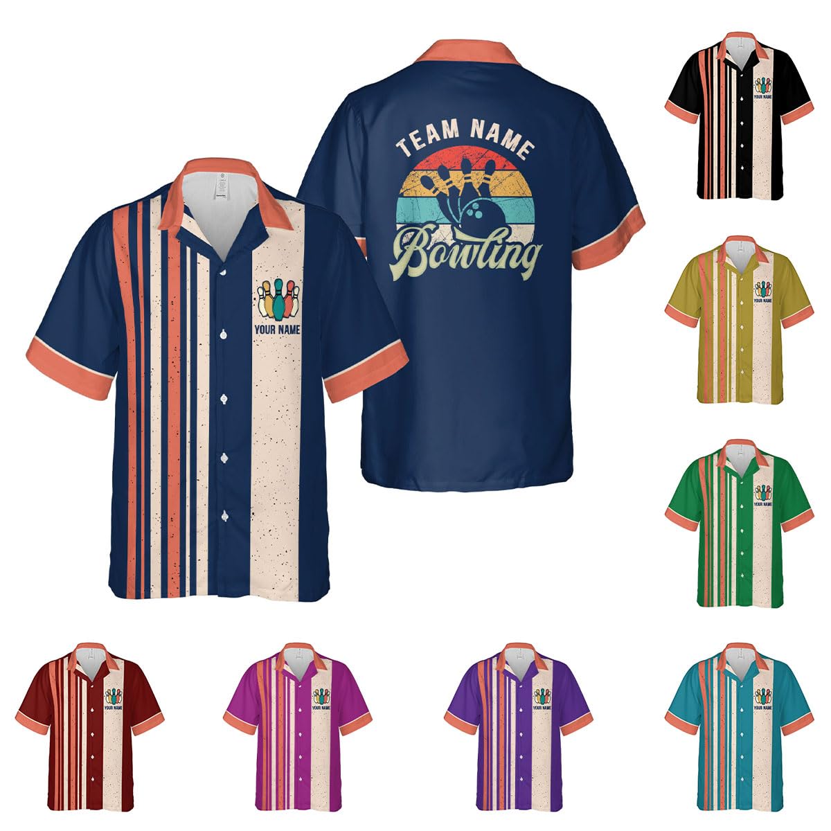 Personalized Bowling Hawaiian Shirt 3D Custom Funny Retro Vintage Button-Down Short Sleeve Men Women Bowling Team Lover Gifts (Polyester Blend, Bowling 8)