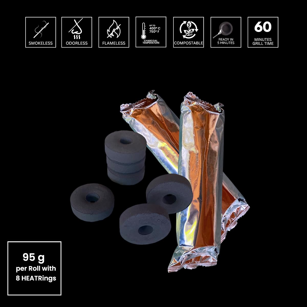 heat.me HeatRinge - Nachhaltige Bambus-Turbokohle | Schnellzündend & rauchfrei | 5 Min. startklar | für Mobile Grills Lunchbox Grill | (12 Rollen)