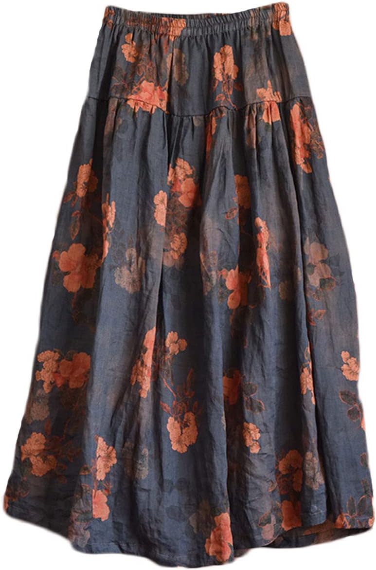 NFYM Women's Boho Floral Printed Ramie Elastic Waist Cotton Lining Long Maxi Skirt