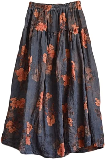 NFYM Womens Boho Floral Printed Ramie Elastic Waist Cotton Lining Long Maxi Skirt