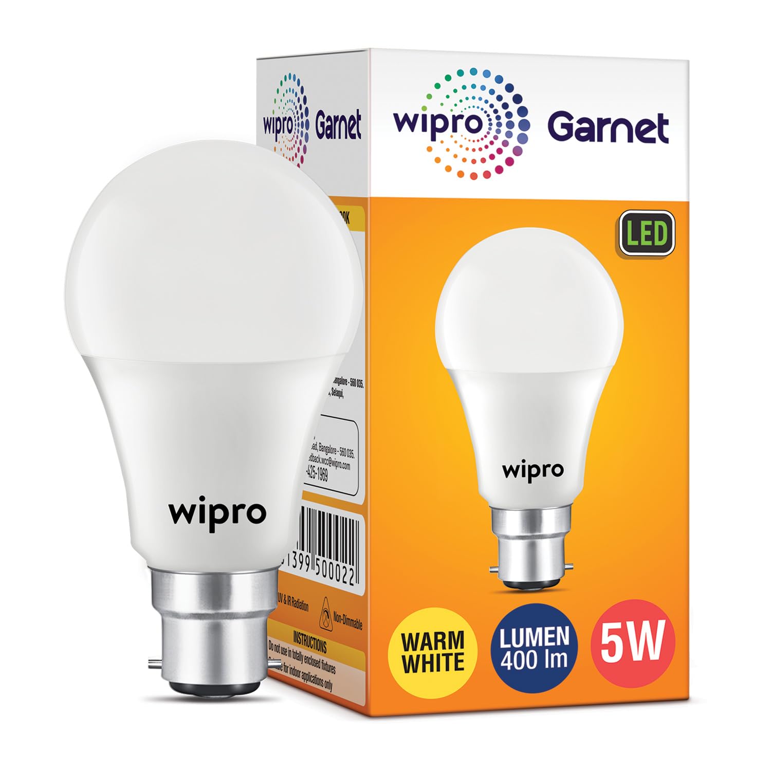 wipro Garnet 5W LED Bulb for Home & Office |Warm White (2700K) | B22 B