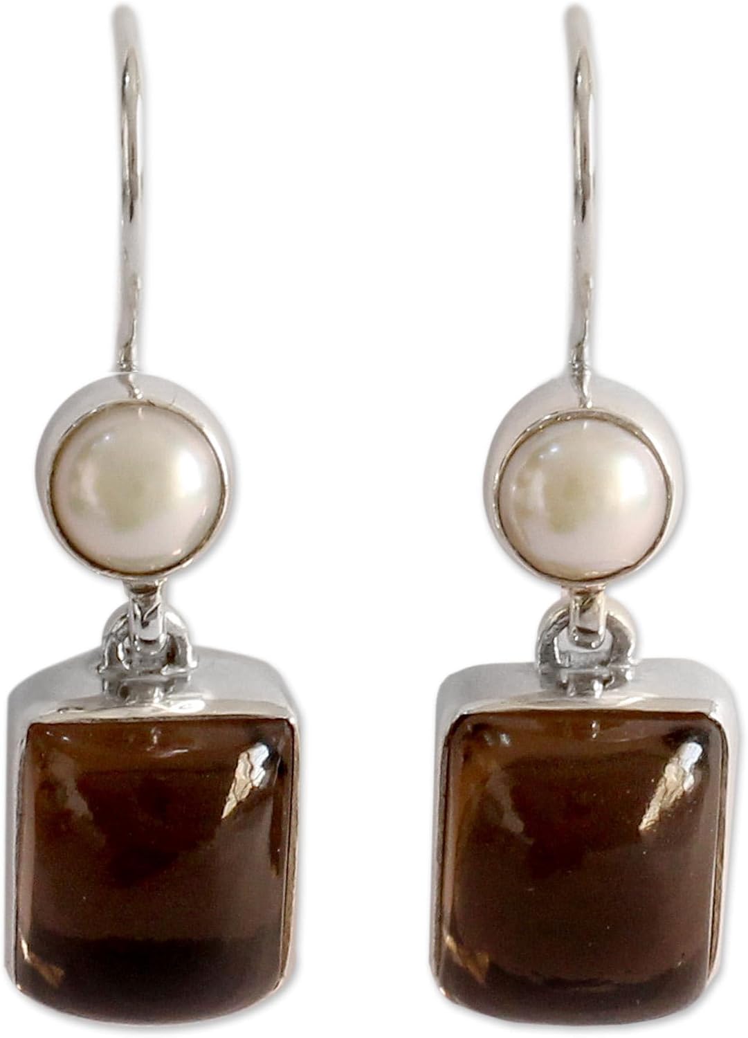 NOVICA Artisan Handmade Cultured Freshwater Pearl and Smoky Quartz Dangle Earrings | .925 Sterling Silver | Brown and White Drop Birthstone | 'Bangalore Glam'