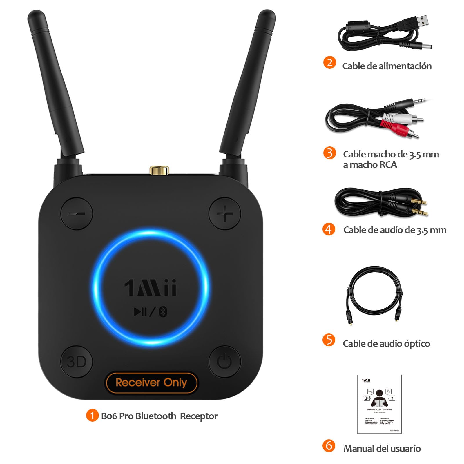 1Mii Receptor Bluetooth 5.3 HiFi, Adaptador Audio Bluetooth Control Volumen, Salida Óptica AUX 3.5mm, Coaxial, 3D Surround con aptX LL de Baja Latencia para Altavoces, Estéreo Hogar, Largo Alcance