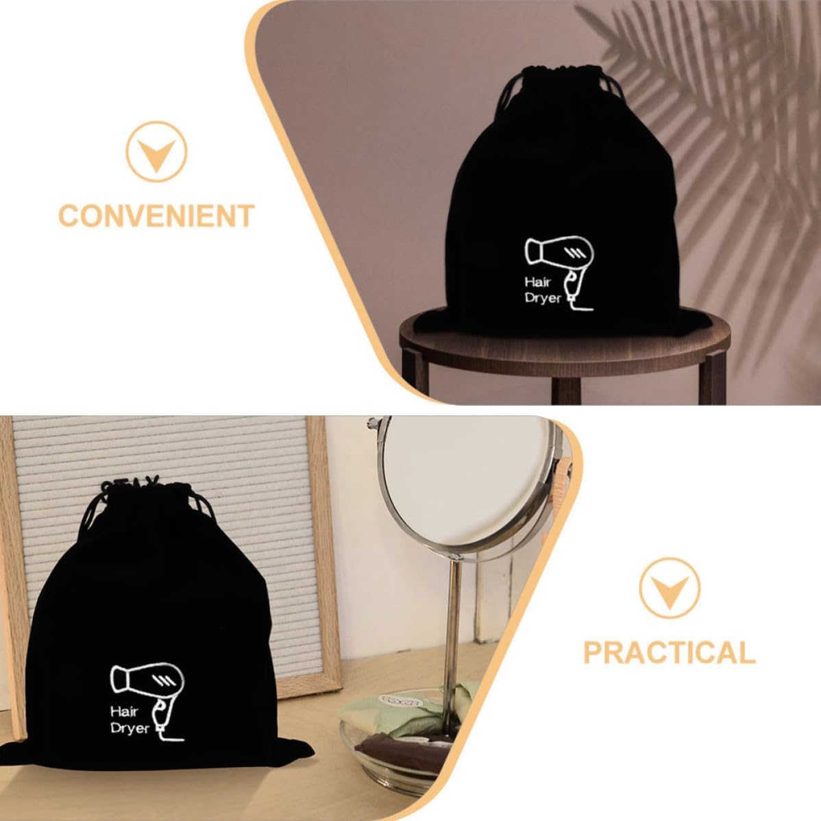 Yardwe Portable Hair Dryer Storage Bag Lightweight Travel and Home Use Pouch with Drawstring Closure 3pcs Soft Velvet Lint Material Organizer with Stylish for Hairdryers and Jewelry