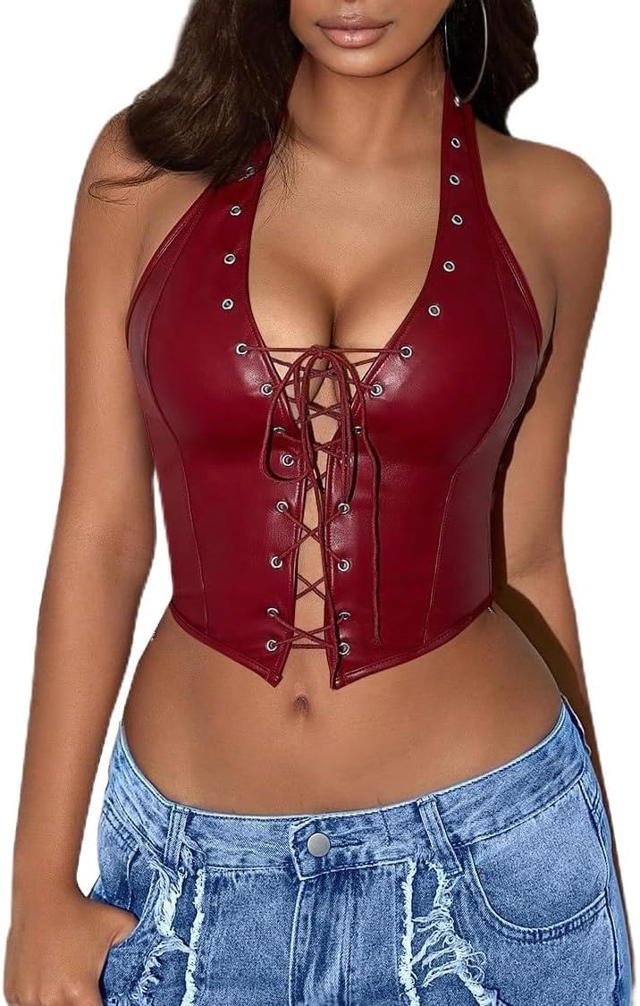 Avanova Women Leather Halter Top Tank Lace Up Corset Bustier Going Out Sexy Crop Top