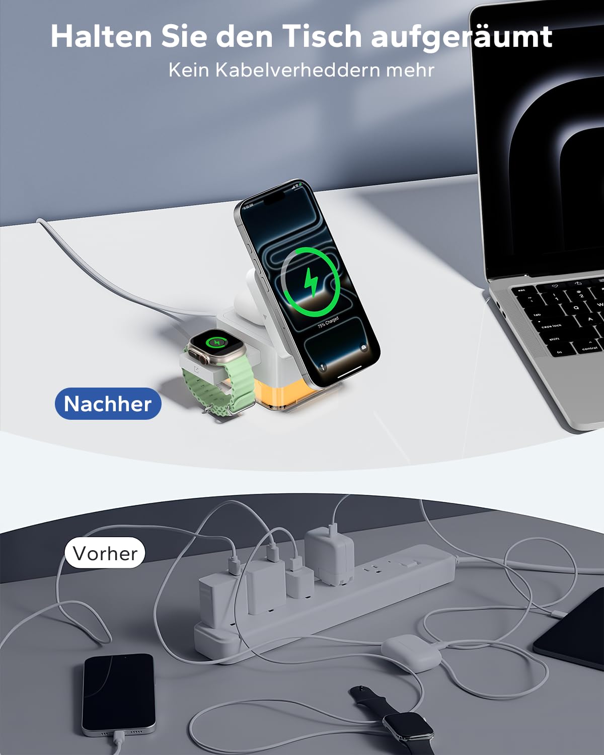 KPON Stacja ładująca Apple Watch i iPhone do Magsafe, 3-w-1 kubełkowa stacja ładowania indukcyjnego z ładowaczem Magsafe, Kompatybilna z iPhone 17 16 15 14 13 12 Air/Pro Max, do Apple Watch 11/10/9