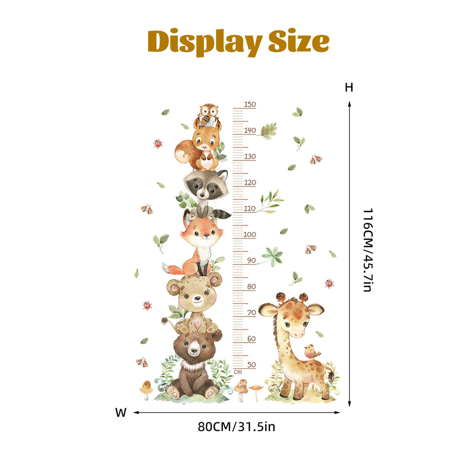 Toise Murale Enfant, Stickers Muraux Chambre Bébé, Règle de Hauteur Enfant, Autocollant Mural Animaux de la Forêt, Sticker Mural de Croissance 50-150 cm, pour Garçons et Filles