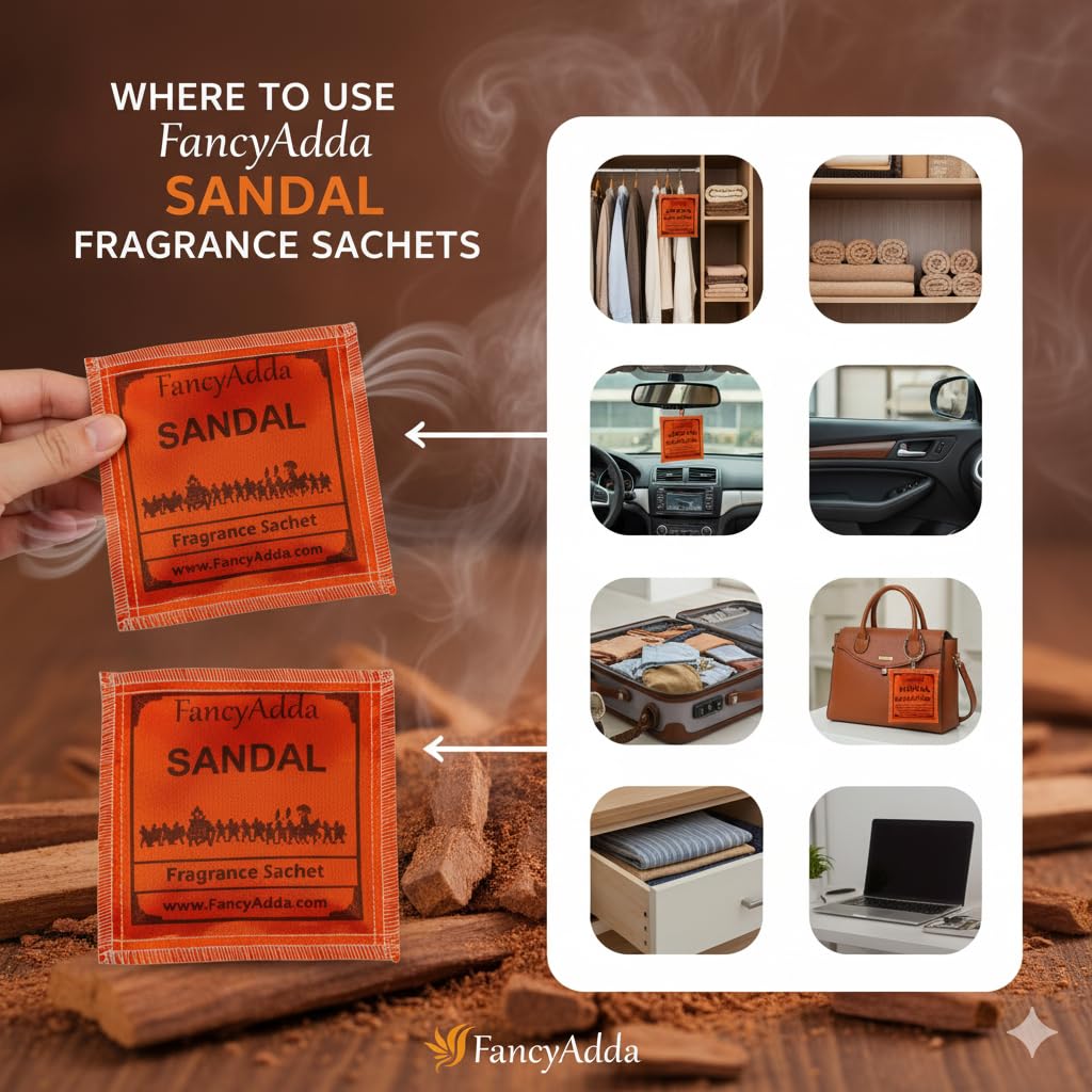 FancyAdda Mysore Sandalwood Fragrance Sachets for Wardrobe & Closet (Pack of 10) | Long-Lasting Chandan Scent for Drawers, Clothes & Car 2