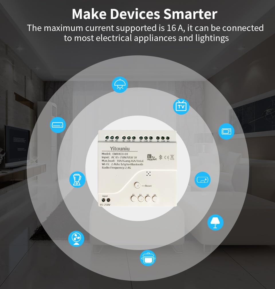 EWeLink 4CH Smart WiFi 85-250V Switch Controller, APP Remote Control, Bluetooth RF Remote Control, Point/Self-Locking/Interlocking, Compatible with Alexa