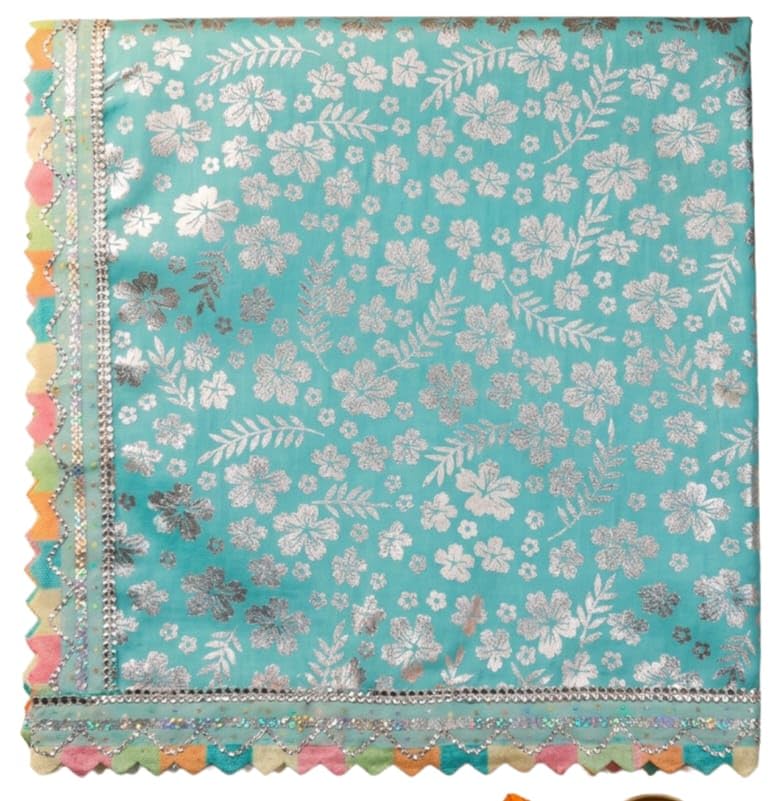 Pooja Cloth (Size: 1M X 1M | 40 X 40inch) | Puja Aasan with Silver Print and Lace | Chowki Altar Cloth for Home Mandir, Puja Ghar, Temple & Other Puja Rituals | Color - Light Blue-image-9