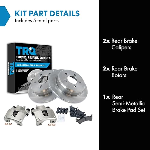 Miniatura 2 de TRQ Kit de pastillas de freno trasero y rotor, pinza de freno, rotor de freno semi-metálico sólido compatible con Jeep Grand Cherokee 1995-1998