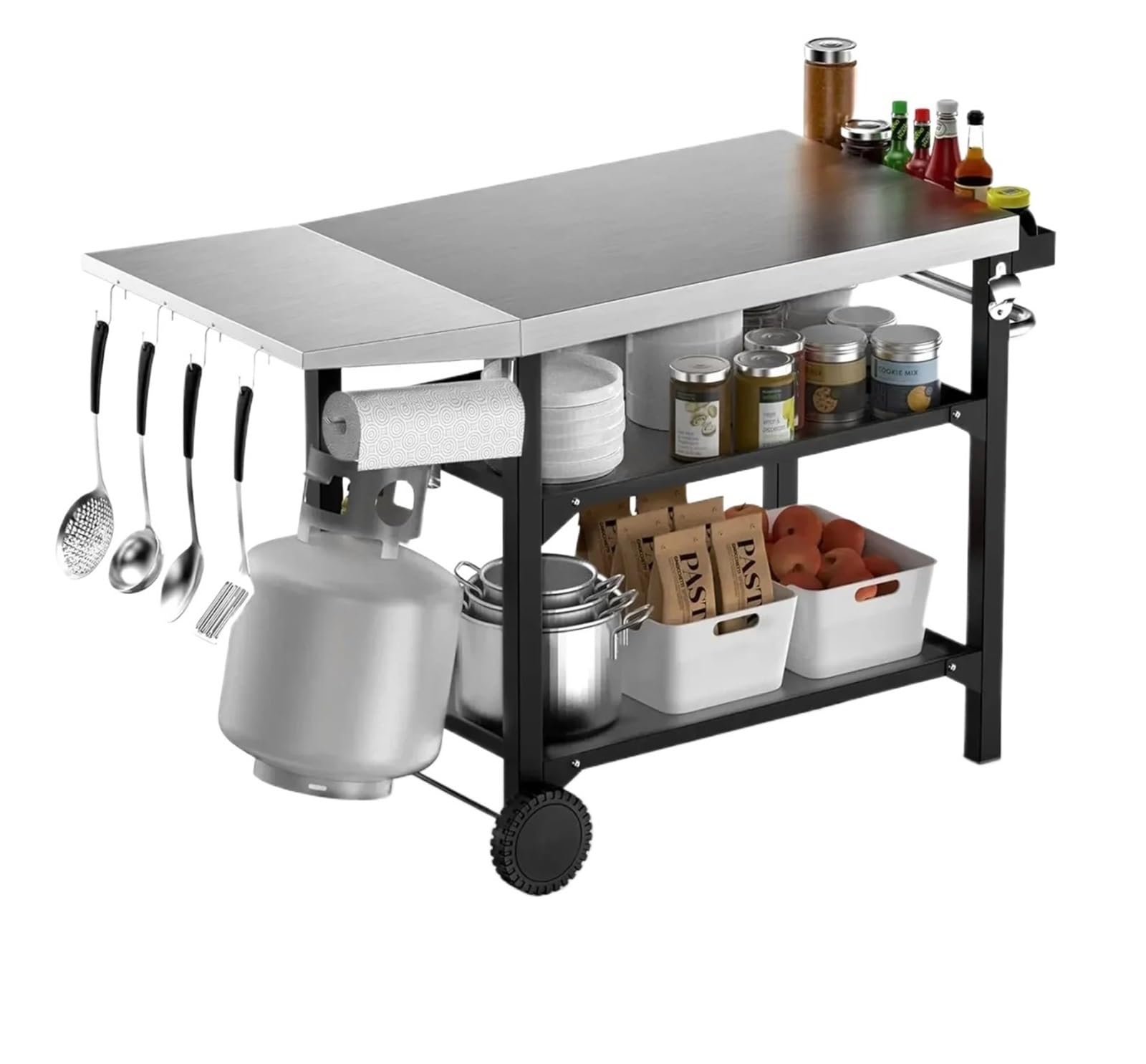 Carrello mobile per barbecue con ripiani in acciaio inossidabile a 3 ripiani, tavolo da pranzo per esterni, stazione di preparazione del cibo per grigliare, carrello portatile per barbecue per feste e