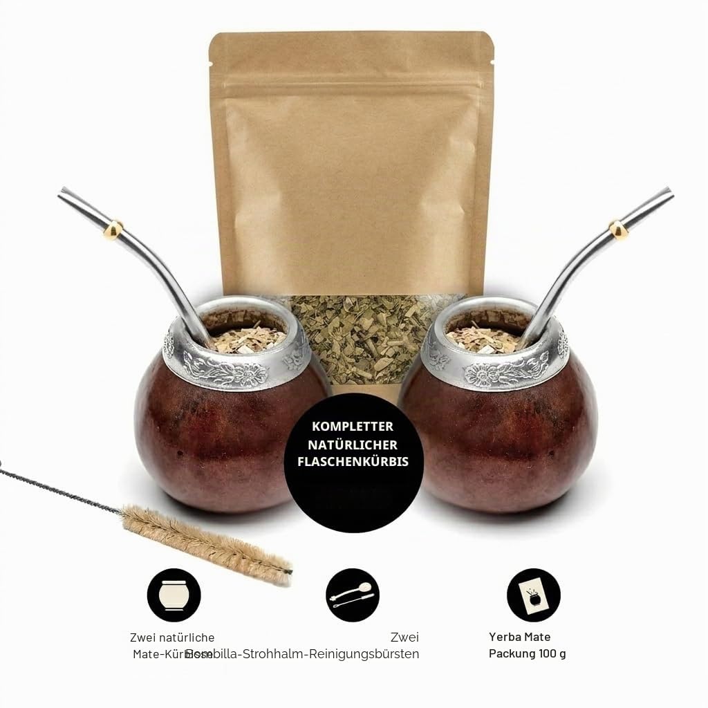 BALIBETOV Set mit 2 Yerba Mate Gourd und 1 Packung mit 100g Yerba Mate – Yerba Mate Cup Argentinien – 2 Mate Tassen, 2 Bombilla, 1 Reinigungsbürste, 1 lose Yerba Mate Tasche (DUNKLE BRAUNEE)