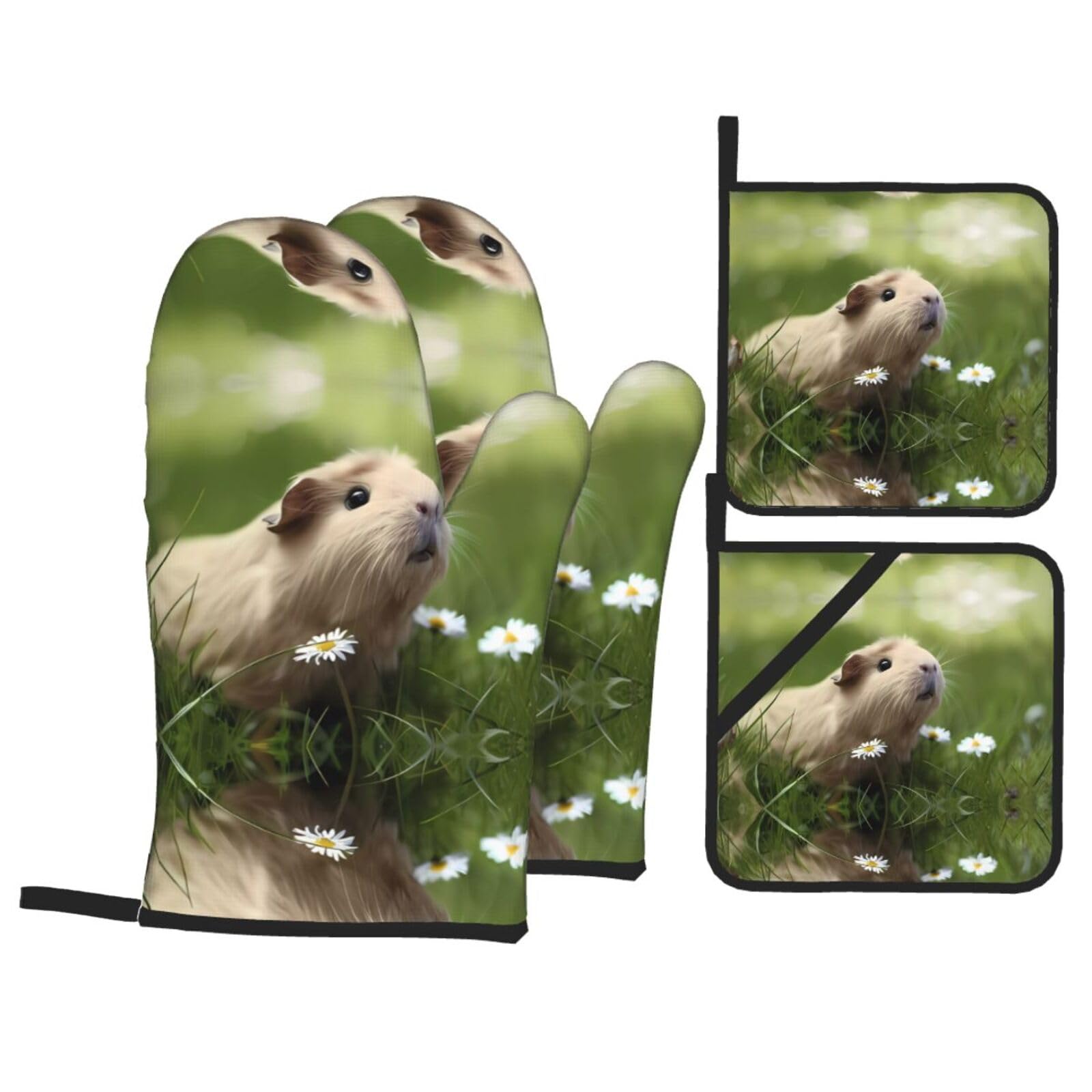 YYHHAOFA Cute Guinea Pig Prints Kitchen Baking Set with Heat Resistant Pot Holders & Oven Mitts - Waterproof Layer for Hot Dishes, Grill & Microwave