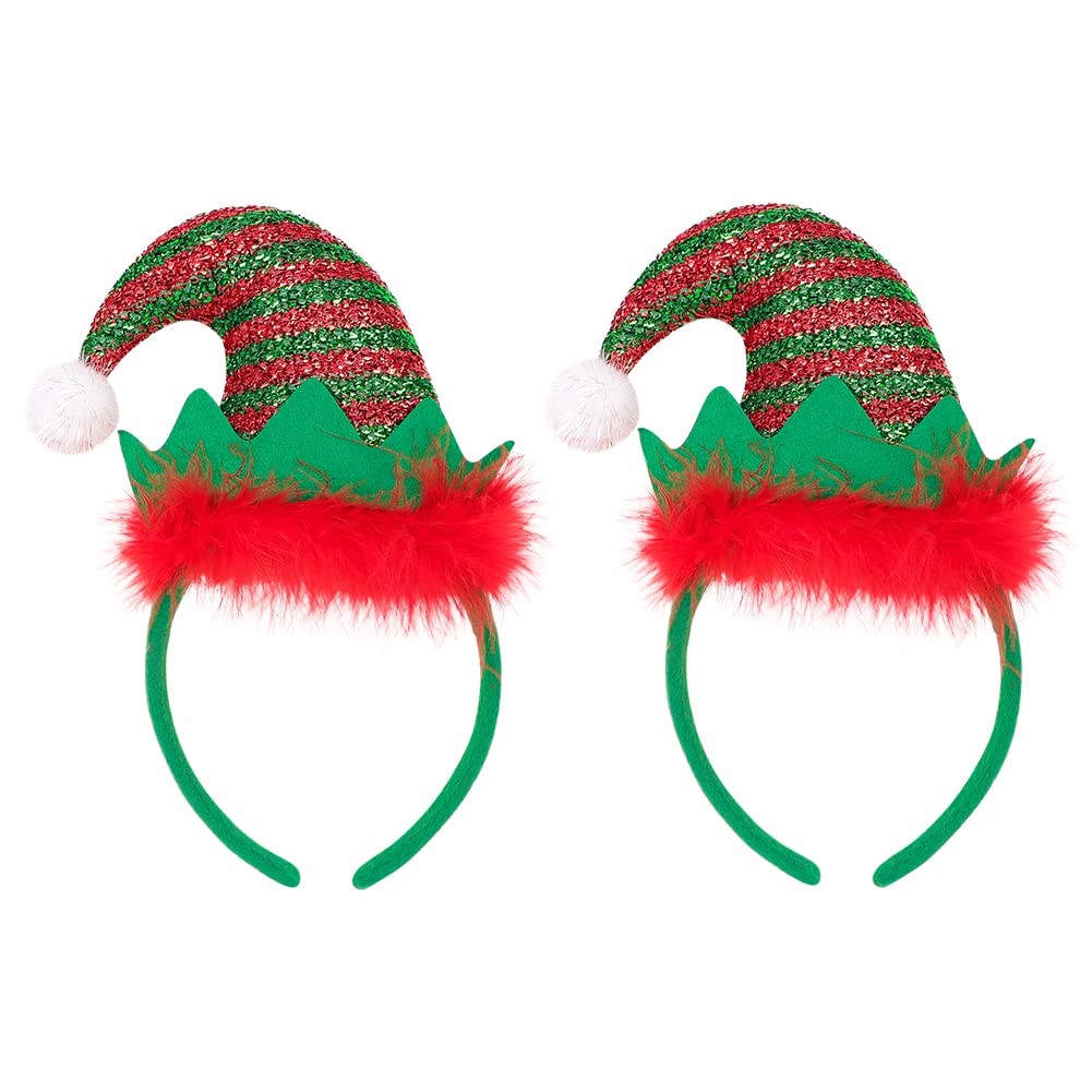 2pcs Christmas Elf Hat Headbands Xmas Headband Cute Elf Hair Headwear Pointed Hat Hairhoop with Feather Christmas Hat Hairband Costume Dress Up Novelty Hair Accessory Party Hats for Women Hair Decor