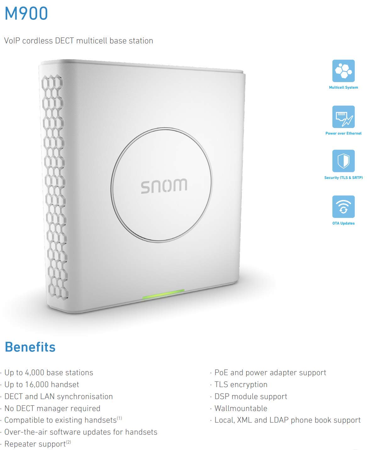 Snom M900 Base DECT - téléphone fixe sans fil téléphone fixe filaire Pour Installations Professionnelles - Jusqu'à 1000 Bases Et 4000 Combinés - Cryptage TLS Et Mises À Jour OTA