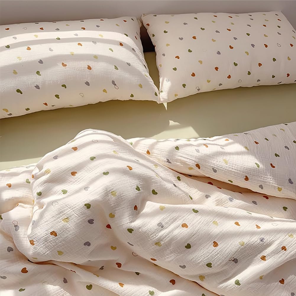AShanlan Biancheria da letto in mussola, 155 x 220 cm, in cotone con cuori colorati, 1 copripiumino da 155 x 220 cm e 1 federa da 80 x 80 cm, in mussola Öko-Tex con chiusura lampo