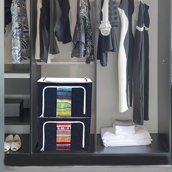 Image of Clothes Storage Box Foldable Steel Frame Organizer Storage Box, Large Capacity Space Saving Wardrobe Organizer with handle & Clear Window for Saree, Shirts & Blankets (66 LTR-2)