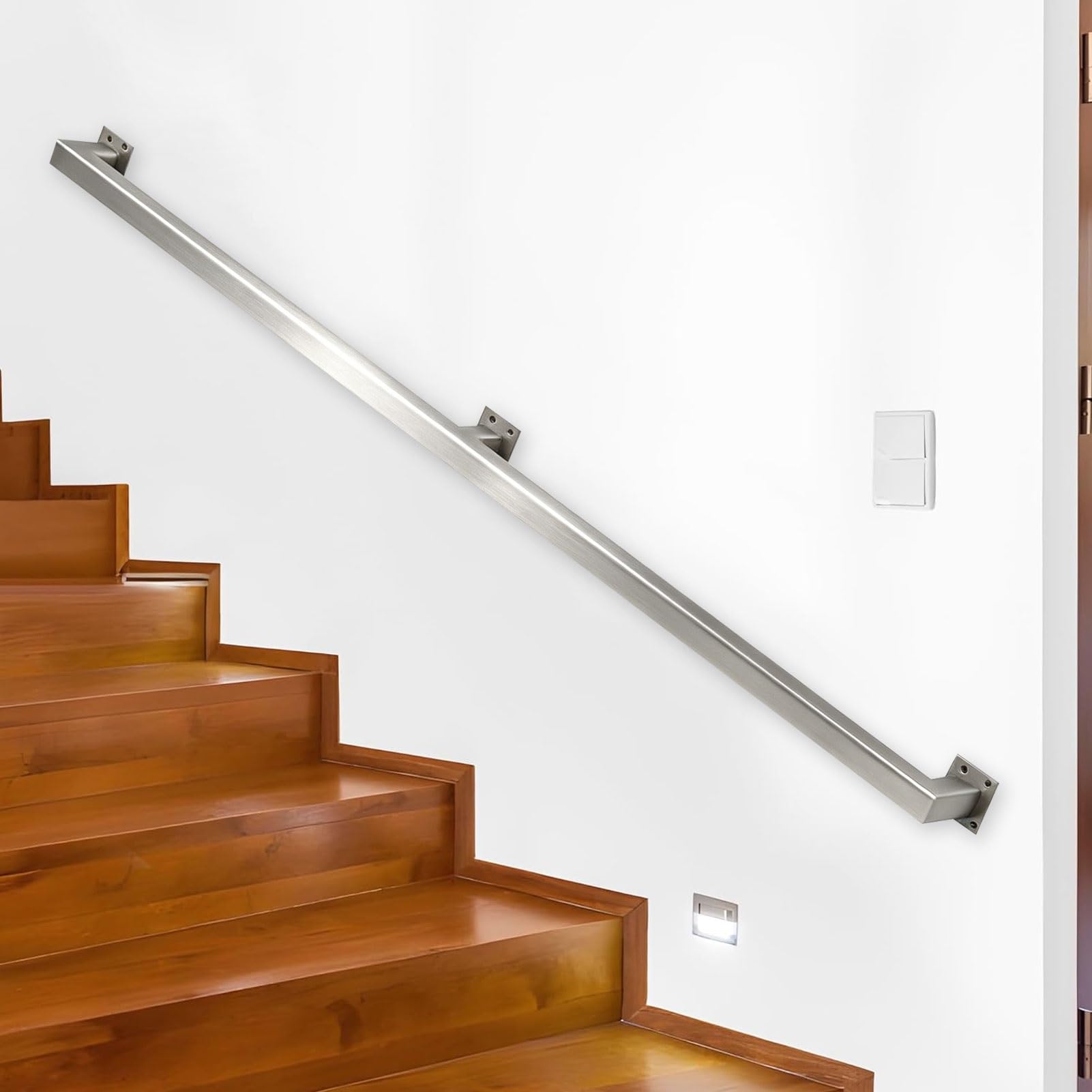 Staircase Handrails for Indoor Outdoor Grab Rail，Stainless Steel Square Pipe Stair Banister Railing with Fittings，Wall Mount Balustrade Safety Hand Rails，Customizable(15ft/450cm)