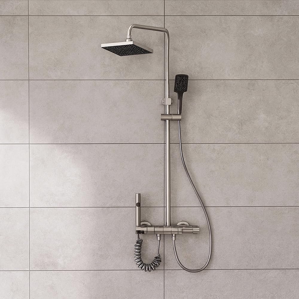 Vetrineinrete® Set colonna doccia termostatica 4 vie soffione grande doccetta rubinetto idroscopino miscelatore con ripiano integrato design moderno grigio scuro