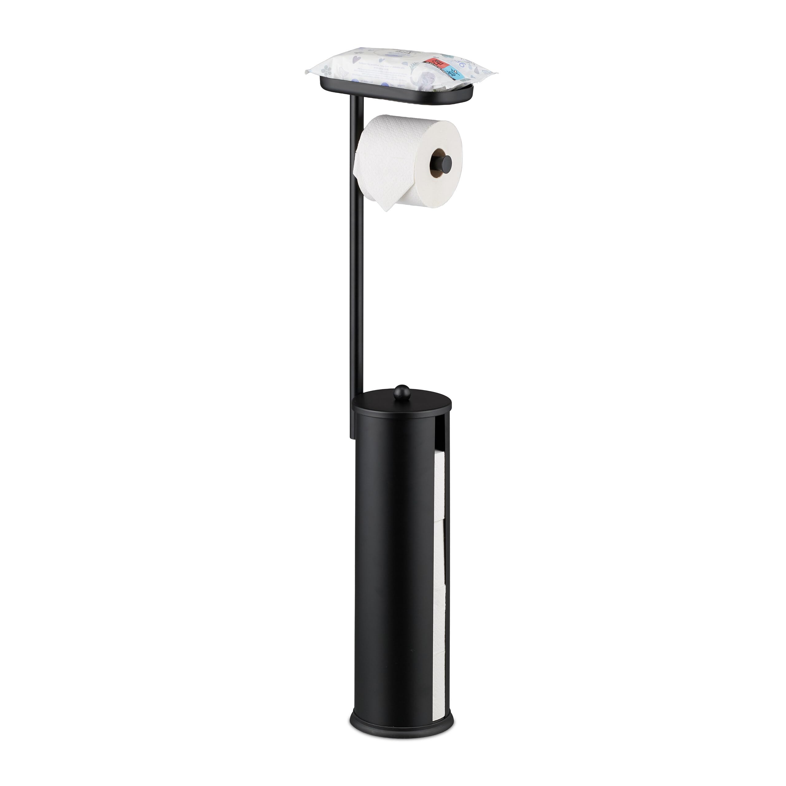 Relaxdays toilet roll holder, for 4 spare rolls, with shelf, metal, HxWxD: 91 x 22 x 14 cm, free-standing, black