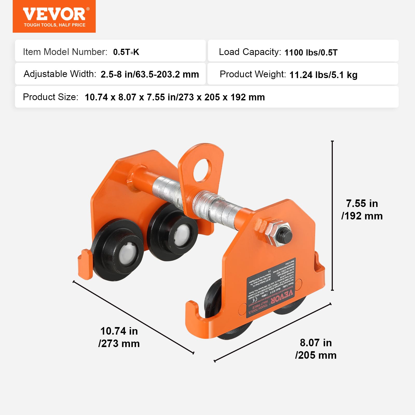 VEVOR Chariot Porte-palan Capacité de Charge 0,5 T Chariot à Poutre de Poussée Largeur Réglable 63,5-203,2 mm Chariot à Palan de Garage en Acier Allié avec Roues pour Poutres en I Droite et Courbée