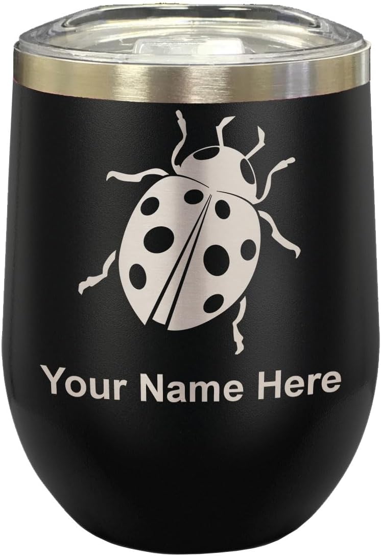 LaserGram 16oz Double Wall Stainless Steel Wine Glass Tumbler, Ladybug, Personalized Engraving Included (Red)