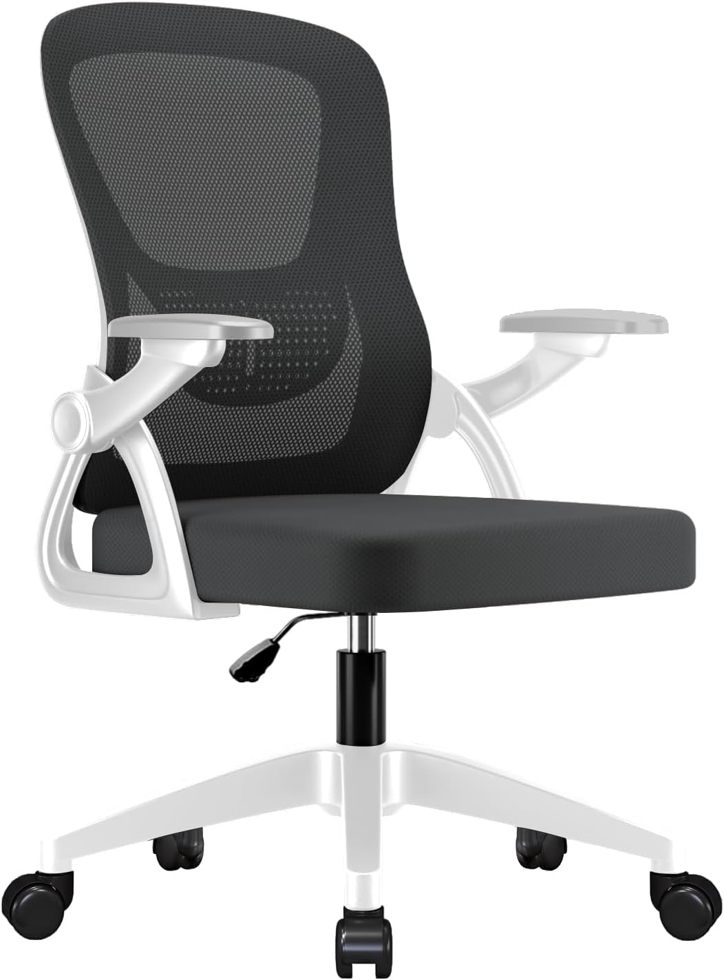 EOXCIIU Office Chair, 90° Folding Armrests, Mesh Office Chair, 10 cm Height Adjustable, Seat Cushion 50 x 50 cm, Swivel Office Chair, White-black