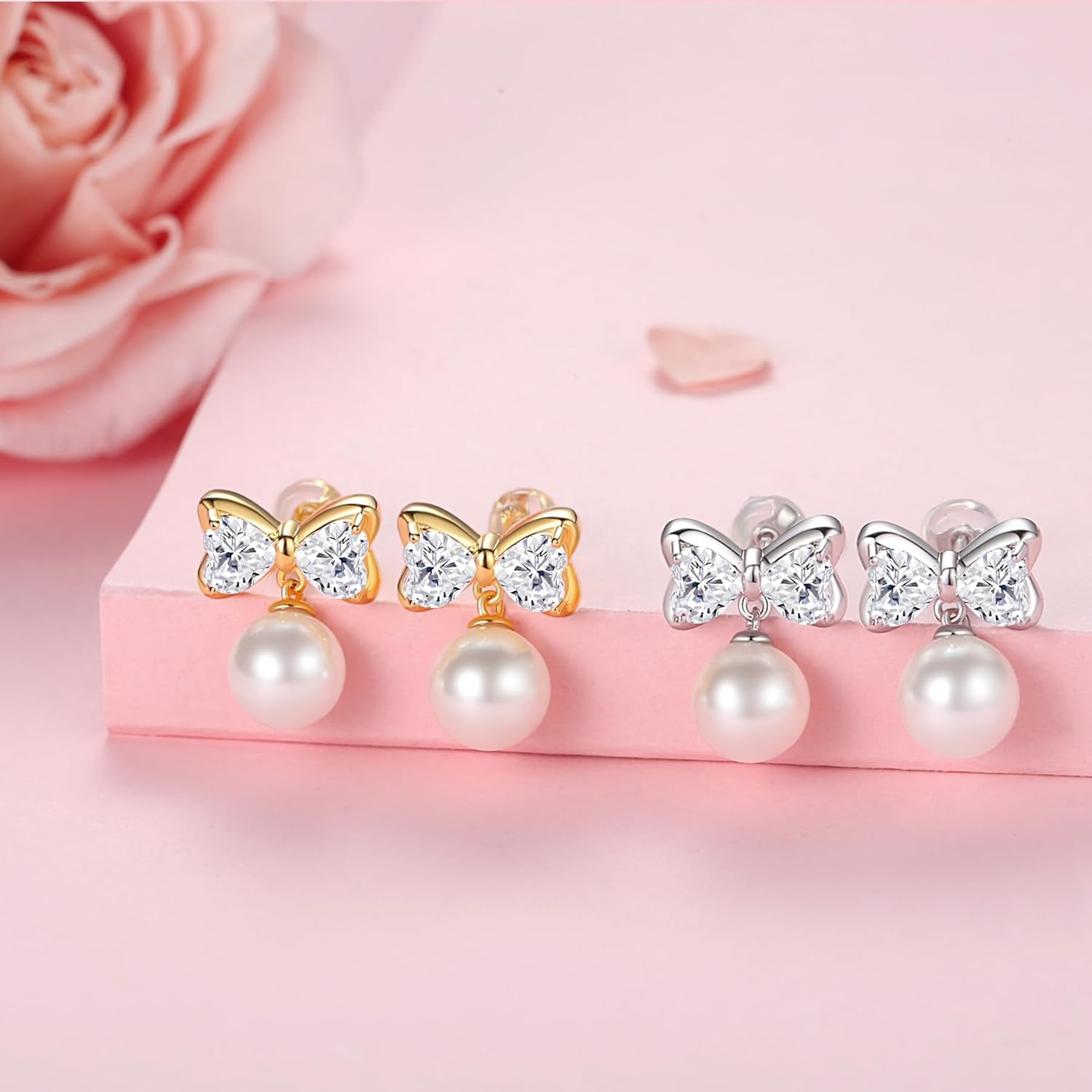 Hypoallergenic Bow Earrings for Women Trendy: 925 Sterling Silver Pearl Earrings White Gold/Gold Cubic Zirconia Earrings Studs for Sensitive Ears Christmas Jewelry - Image 5