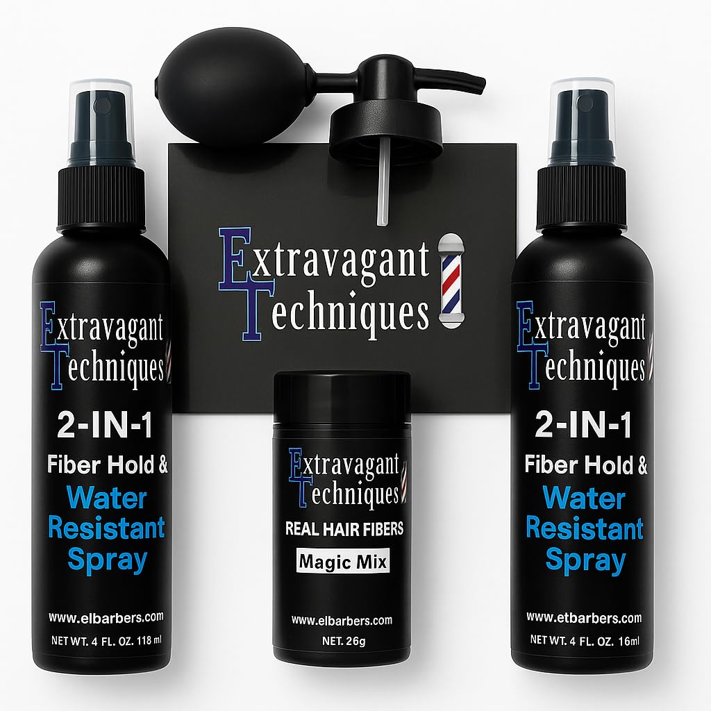 Hair Fiber Kit, Real Hair Fibers with 2-in-1 fiber hold & water resistant spray,2-4 fl oz Bottles, Black