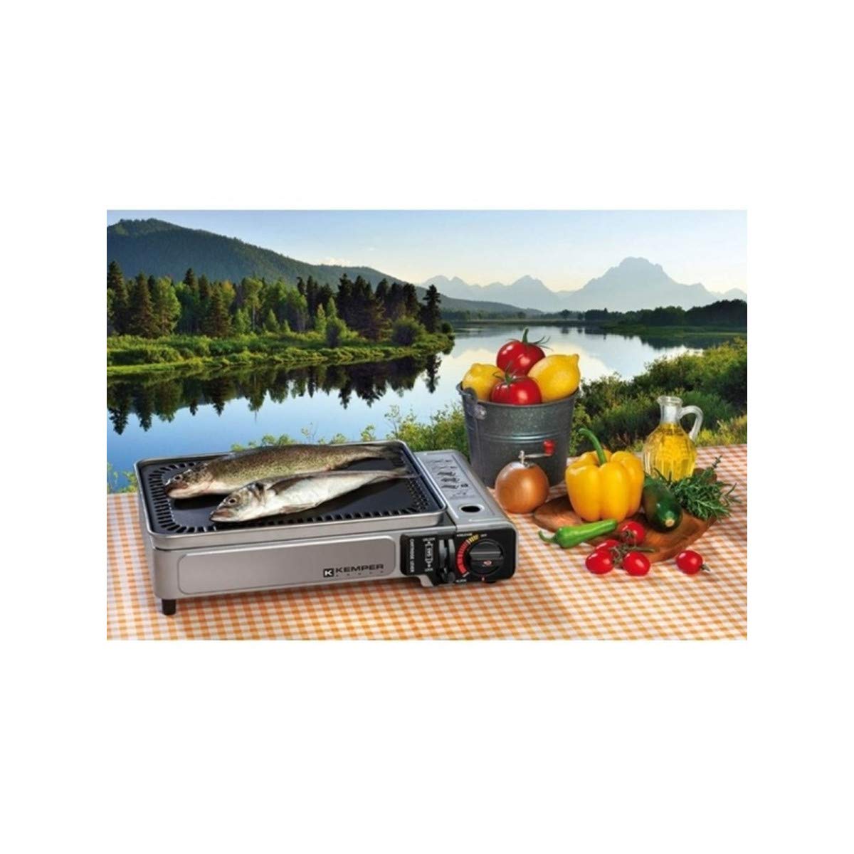 Barbecue a gas portatile 2.8 KW con piastra antiaderente + 4 cartucce gas da campeggio