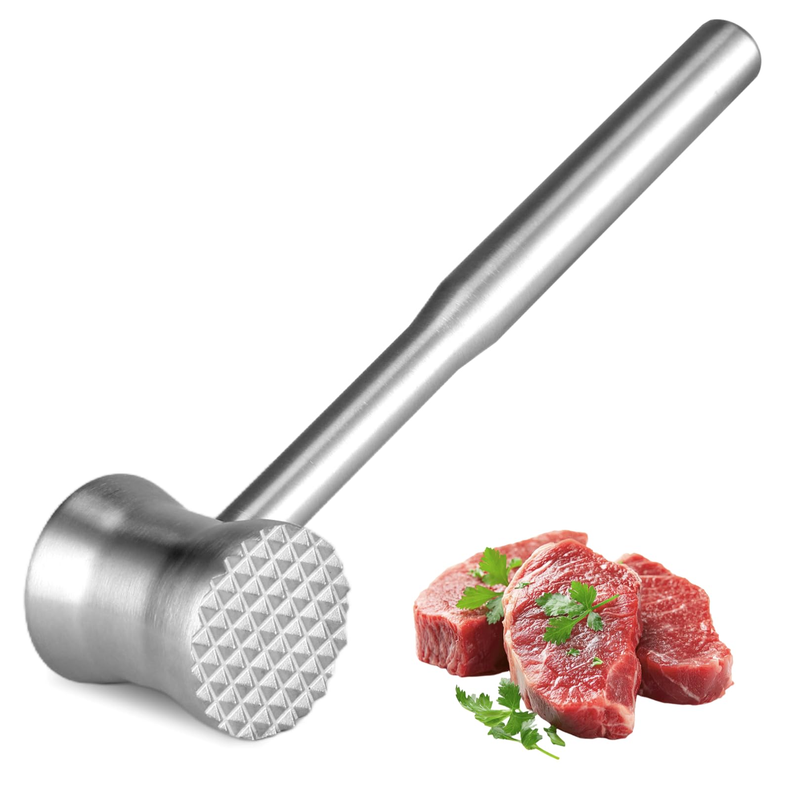 Fleischklopfer aus 304 Edelstahl, 24,5 cm beidseitiger Fleischhammer, ergonomischer Griff, zum Zartklopfen von Steak, Hähnchen und mehr