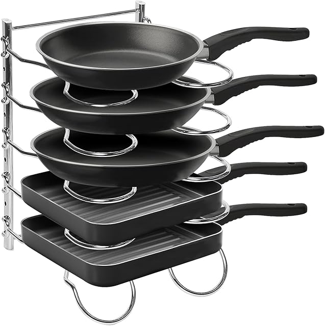 Amtido Pan Organiser Rack and Pot Lid Holder Stand Storage - Kitchen Cupboard Organiser - 5 Tier Height Adjustable Dividers - Heavy Duty - Chrome