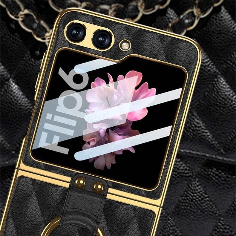 Quilted Leather Folding Case for Samsung Galaxy Z Flip 6, Diamond-Shaped Lattice Mobile Phone Shell for Z Flip6, Creative Women's Folding Screen Protective Cover (Black,for Flip 6)