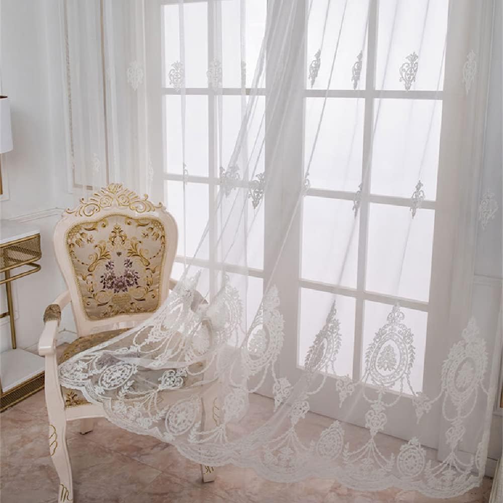 Amidoudou 1 Pair European Embroidered White Gauze Lace Curtains for Bedroom Living Room Sheer Curtains (White,54x84 Inch)