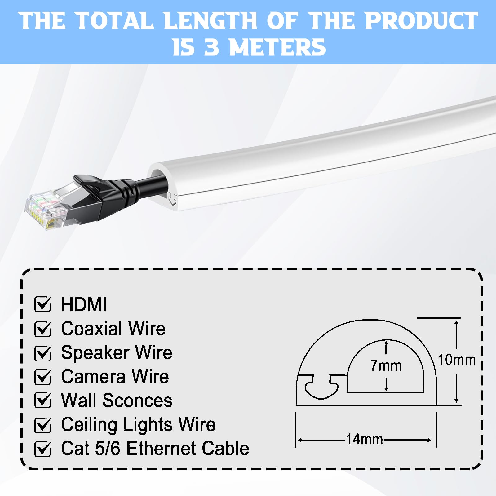 Trunking for electric cables,Self Adhesive Tape Cable Duct to Hide Wire,14x10mm Mini Semi-circular Side Opening Trunking Cable trunking white, Flexible Cord Cover for Wires on Wall Floor - Image 2