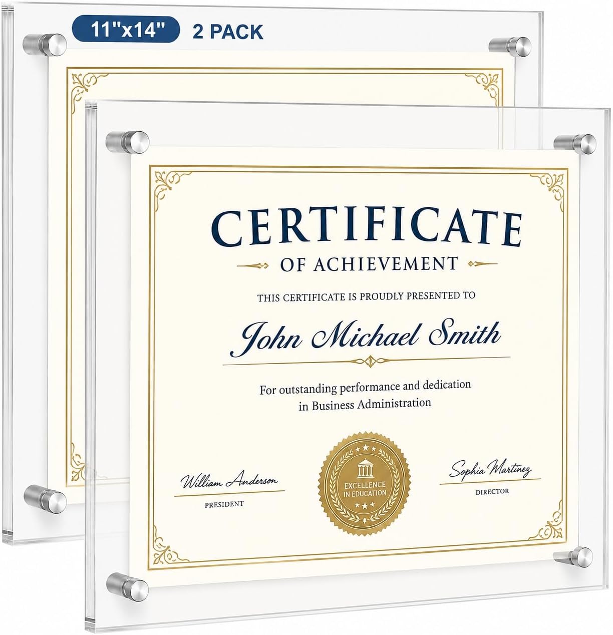 EHWINE 11x14 Acrylic Picture Frame Wall Mount 2 Pack, Floating Frameless Clear Photo Display, Certificate Diploma Poster Document Frame for Home, Office, School, Gallery Decor with Silver Hardware